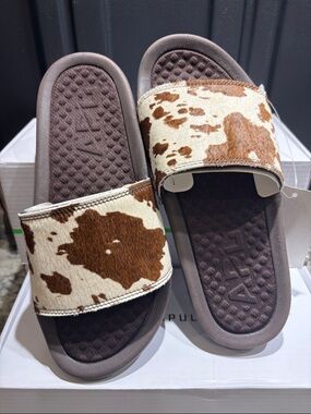 APL Cow-Print Slide Sandals in Brown and White